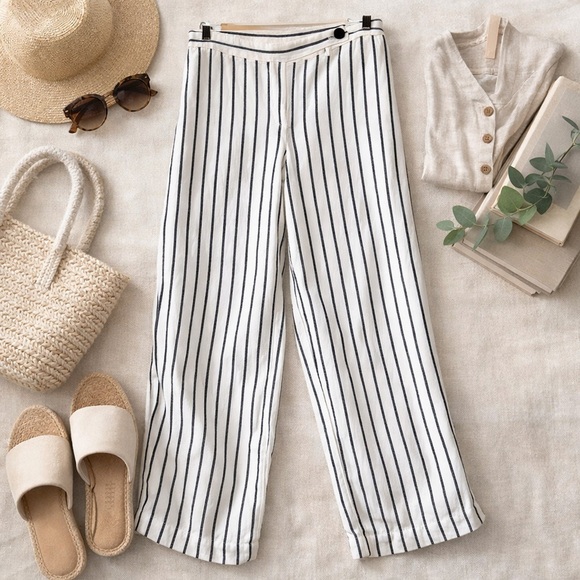 J. Jill Pants - J.Jill Linen Blend Striped Ankle Pants Womens 10 Petite White Black Coastal